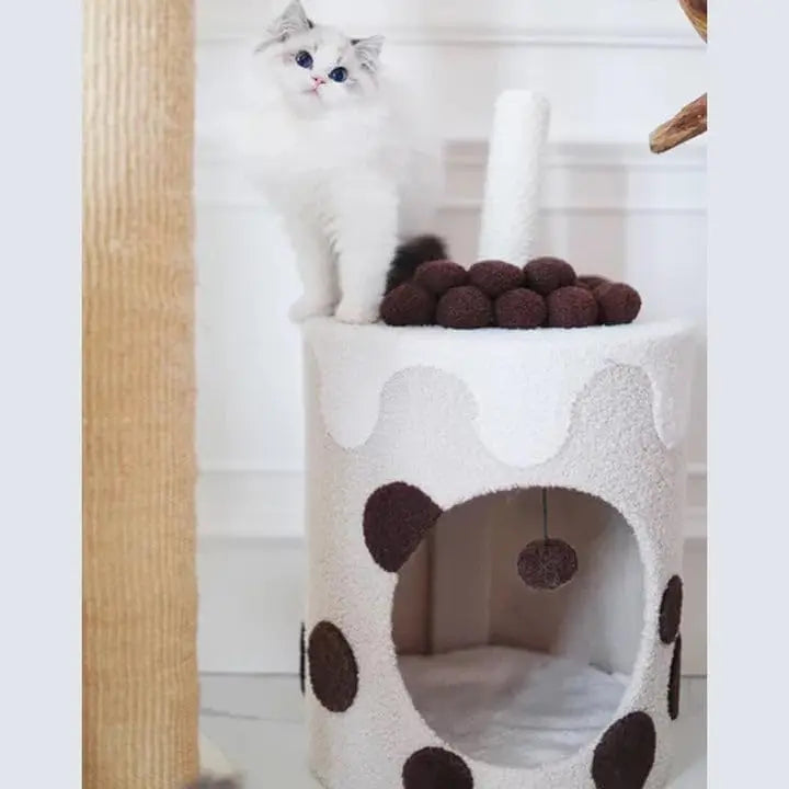 Happy & Polly 26" Boba Tea Medium Cup Cat Tree Tower Tall Multi-Level Stable Condo for Large Cats Multifunctional Cat Furniture