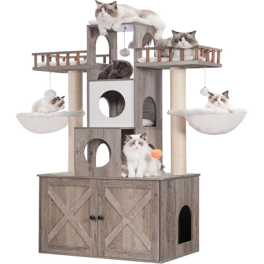 All-in-One Play and Privacy: The 60-Inch Deluxe Cat Tree with Integrated Litter Box Cabinet