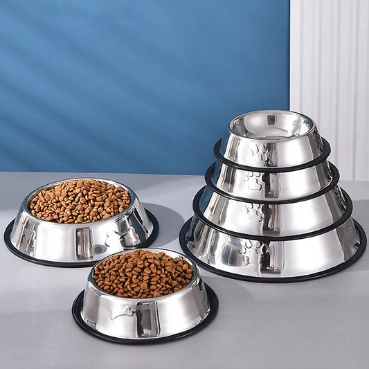 Stainless Steel Dog Food Bowl. Quality Metal Pawprint Feeder Non-slip with Rubber Base