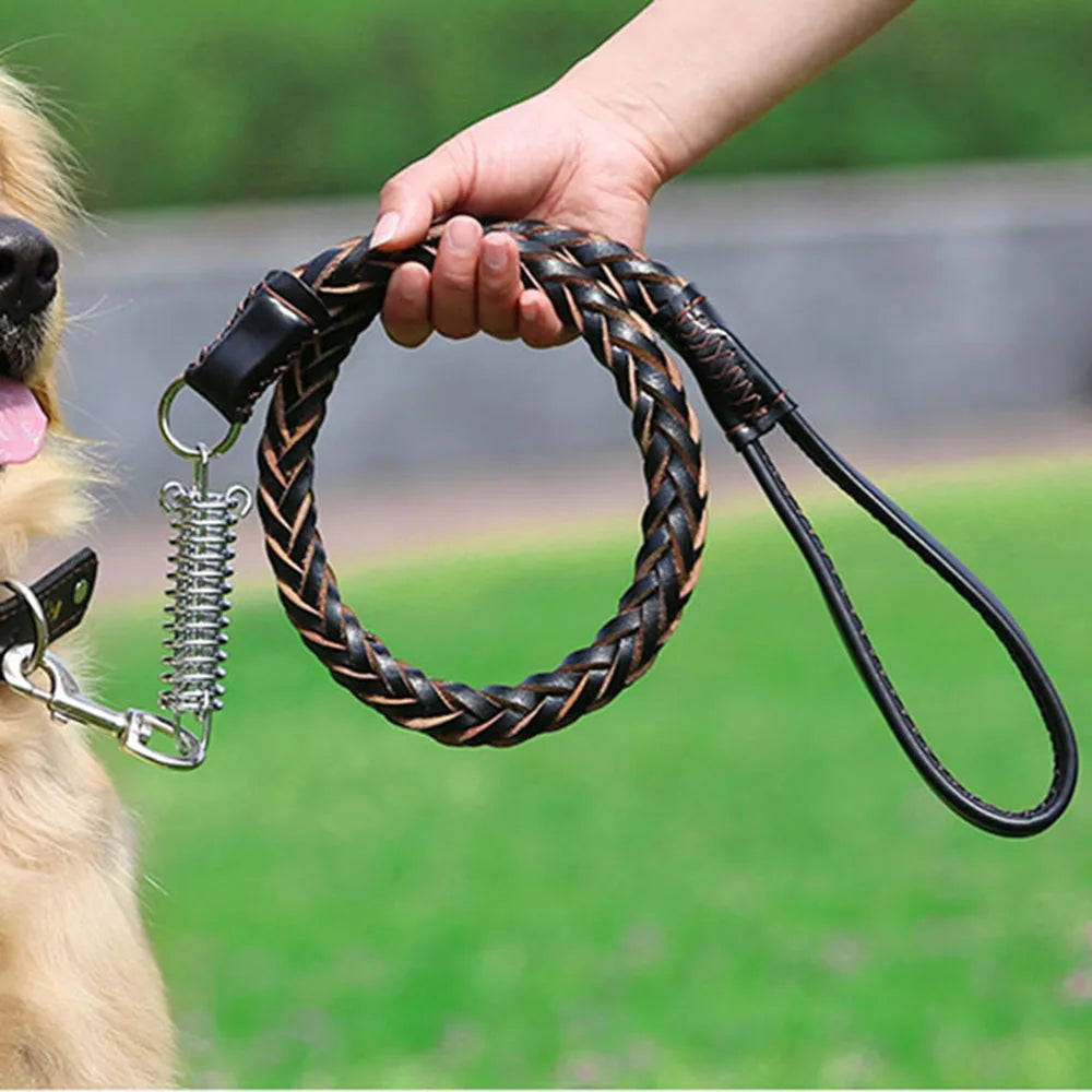 Durable Real Leather Large Dog Leash with No Pull Buffer