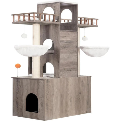 All-in-One Play and Privacy: The 60-Inch Deluxe Cat Tree with Integrated Litter Box Cabinet
