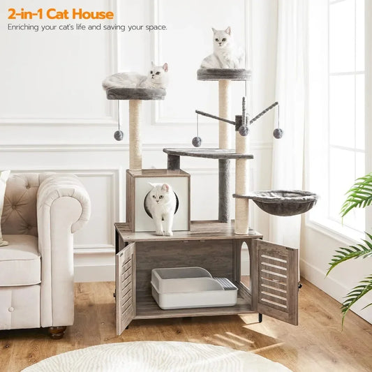 Ultimate Cat Haven: All-in-One Wooden Cat Tree with Litter Box Enclosure and Scratching Posts