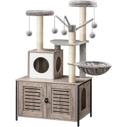 Ultimate Cat Haven: All-in-One Wooden Cat Tree with Litter Box Enclosure and Scratching Posts