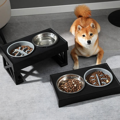 Elevated Dining: Deluxe Dog Bowl Holder with Stainless Steel and Slow Feeder Bowl